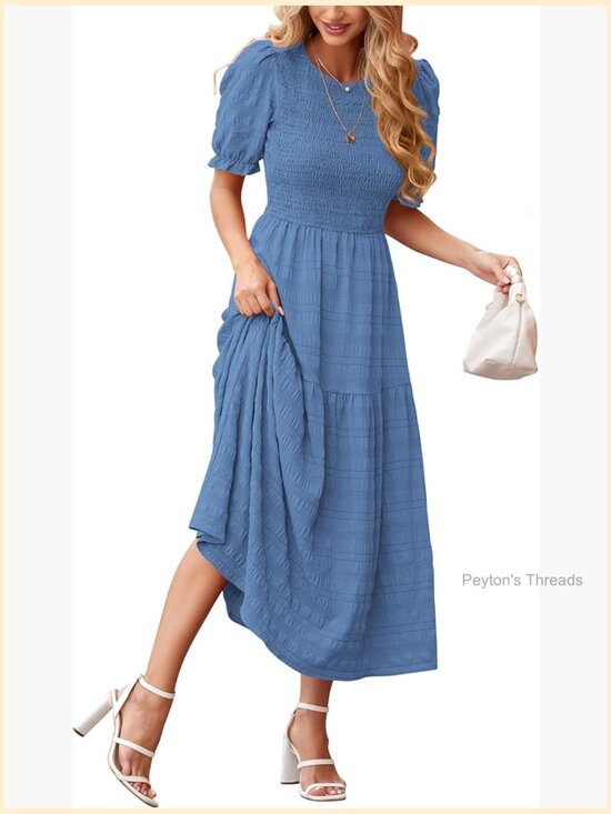 Dresses & Skirts - Smocked Puff Sleeve Tiered Maxi Dress Crewneck Ruffle Boho Sundress